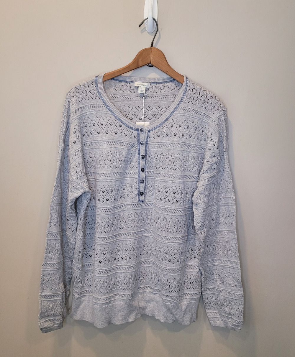 Sundance Cotton Gray Pointelle Knit Henley Sweater Size Large NEW Boho Chic